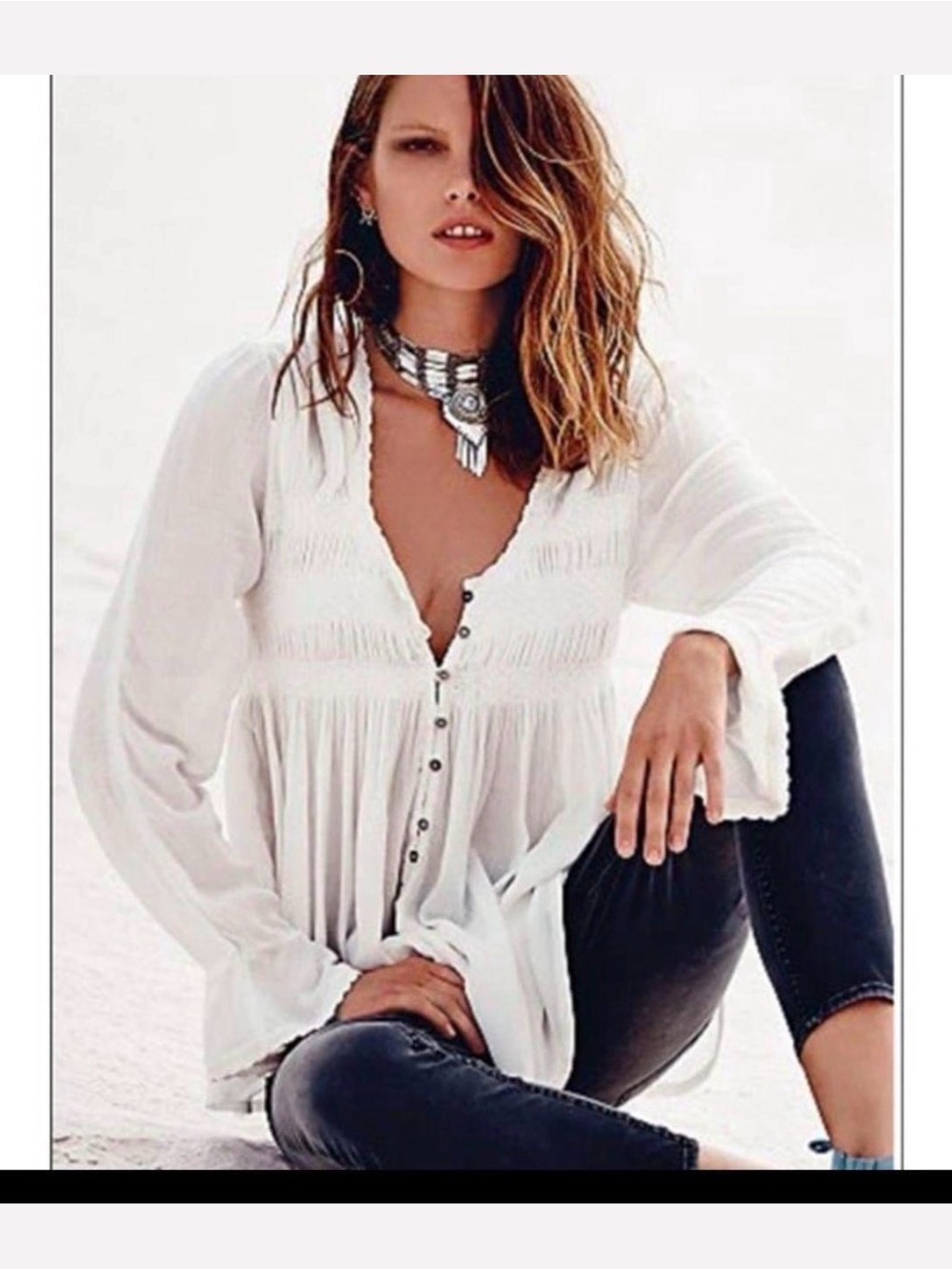 Free People Blue Bird Smocked
Button Front Gauze Peasant
Blouse in Ivory xs